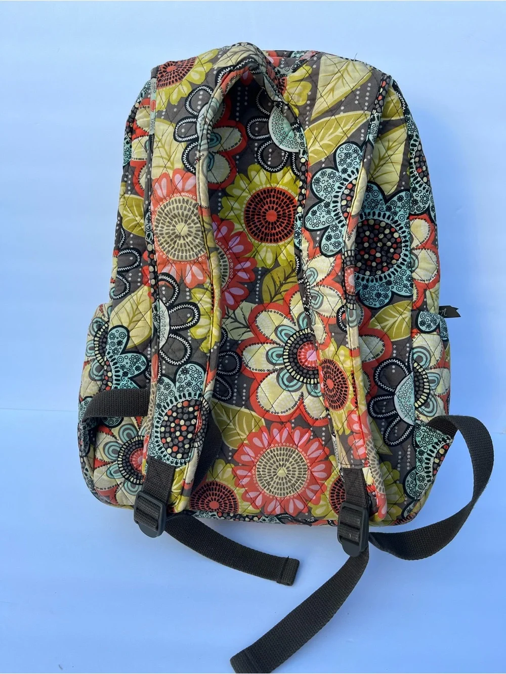 Vera Bradley Floral Quilted Backpack in Brown, Yellow, Red, Teal read